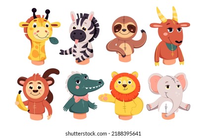 Cartoon cute isolated forest and farm animals for kids performance show on theatre stage, marionette characters for educational story in kindergarten. Puppet theater dolls set vector illustration