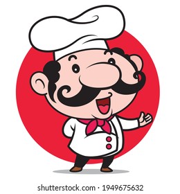 Cartoon cute Italian chef with big moustache introduce menu for your food business on red circle background - character 