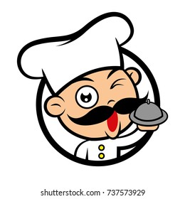 Cartoon cute Italian chef with big moustache mascot serving food, vector illustration