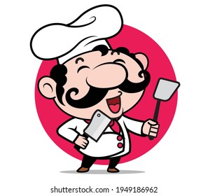 Cartoon cute Italian chef character with big moustache holding spatula and knife on red circle background.