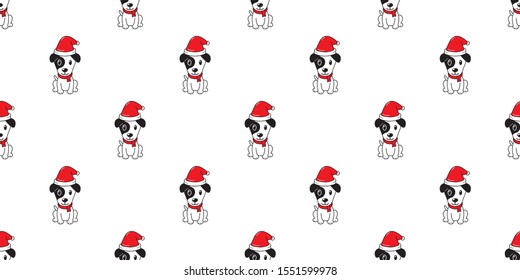 Cartoon cute jack russell terrier dog with santa claus christmas hat seamless pattern background for design.