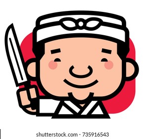 Cartoon cute Japanese chef with happy smiling holding a knife - vector mascot character illustration