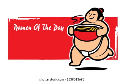 Cartoon cute Japanese Sumo player holding a bowl of noodle with large red menu board - vector cartoon character