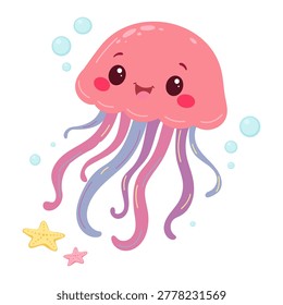 Cartoon cute jellyfish character. Vector illustration of underwater creature for kids and baby. Hand drawn illustration for stickers, education cards, nursery decor
