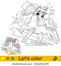Cartoon cute joyful unicorn with abstract background. Kids coloring book page. Unicorn character. Black and white vector isolated illustration with colorful template. For coloring, print, game, design