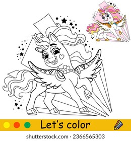Cartoon cute joyful unicorn with abstract background. Kids coloring book page. Unicorn character. Black and white vector isolated illustration with colorful template. For coloring, print, game, design