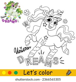 Cartoon cute joyful unicorn with flowers. Coloring book page. Unicorn character. Black and white vector isolated illustration with colorful template for kids. For coloring book, print, game, design