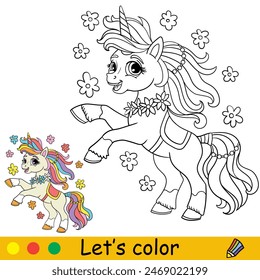 Cartoon cute joyful unicorn with flowers. Kids coloring book page. Unicorn character. Black contour on white background with color template. Vector illustration. For coloring, print, design, stickers