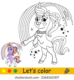 Cartoon cute joyful unicorn with a rainbow. Coloring book page. Unicorn character. Black and white vector isolated illustration with colorful template for kids. For coloring book, print, game, design