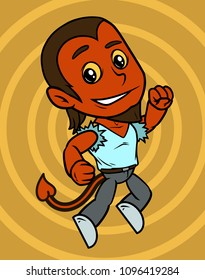 Cartoon cute jumping smiling little red devil boy character in blue shirt. On yellow background. Vector icon.