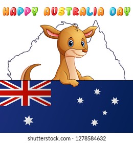 Cartoon cute kangaroo behind a flag on map background