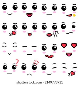 Cartoon Cute Kawai Eyes And Mouths. Emoji In Japanese Style. Vector Emoticon Kawaii Japanese Anime
