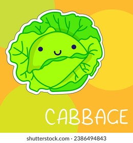 Cartoon cute kawaii cabbage with face. Funny vector illustration of happy vegetable. Childish style design for positive poster, t-shirt, card, wall print, book