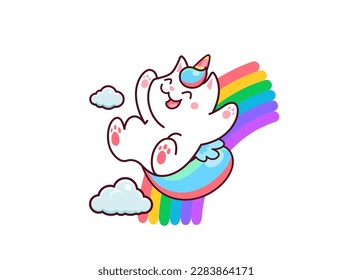Cartoon cute kawaii caticorn character riding on rainbow. Magic creature of unicorn cat or kitty vector personage with rainbow horn and tail. Happy caticorn pet animal playing in sky with cloud svg