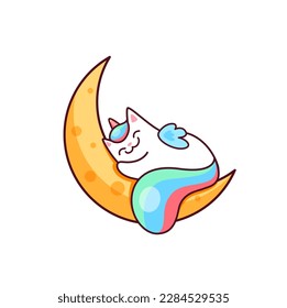Cartoon cute kawaii caticorn character sleeping on the moon. Vector white unicorn cat with colorful rainbow tail. Magic kitty with horn sleep on crescent seeing sweet dreams. Funny kitten personage svg