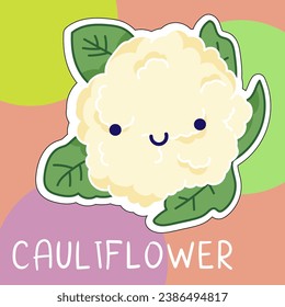 Cartoon cute kawaii cauliflower with face. Funny vector illustration of happy vegetable. Childish style design for positive poster, t-shirt, card, wall print, book