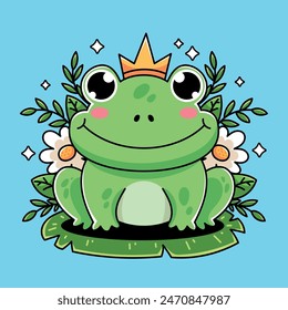 Cartoon cute kawaii frog with flowers and leaves