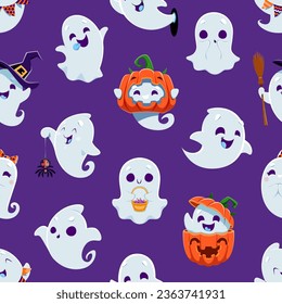 Cartoon cute kawaii Halloween ghost monsters seamless pattern, vector background. Halloween holiday horror night pattern of funny spooky ghosts with boo faces in pumpkin in witch hat with spider toy