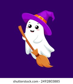 Cartoon cute kawaii Halloween ghost character wears charming witch hat and carrying a broomstick. Adorable vector spirit monster personage exuding spookiness and cuteness during festive party night