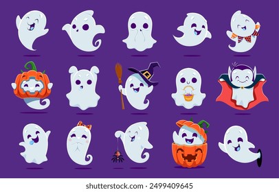 Cartoon cute kawaii Halloween ghost monster characters for holiday, vector cheerful spooky boo faces. Halloween, funny happy ghosts with pumpkin, spider in witch hat with broom or in vampire costume