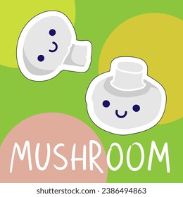 Cartoon cute kawaii mushroom with face. Funny vector illustration of happy vegetable. Childish style design for positive poster, t-shirt, card, wall print, book