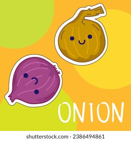 Cartoon cute kawaii onion with face. Funny vector illustration of happy vegetable. Childish style design for positive poster, t-shirt, card, wall print, book
