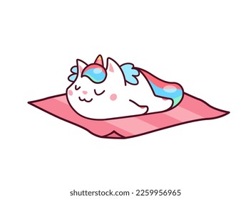 Cartoon süße kawaii schlafend caticorn Charakter. Einziger, Vektorfantasy-Katzenaugen-Tiercharakter, der auf einem Nickerchen liegt oder am Strand gerbt wird. Funny Märchenkitten, kawaii magisches Kätzchen entspannen