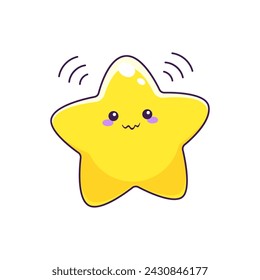 Cartoon niedliche kawaii-Star-Figur mit schüchternem Lächeln und Gesicht. Vector Space Persönlichkeit, lustiges kleines funkelndes Sterne-Emoji oder peinliches Superstar-Emoticon, das mit leuchtend gelben Balken am Himmel leuchtet