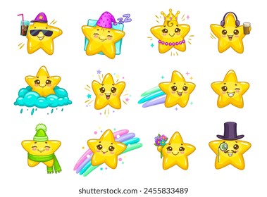 Cartoon cute kawaii stars and twinkle personage characters with happy smiles and faces. Shooting, winking and sleeping stars emoticons with cloud, rainbow, princess gold crown, sunglasses and flowers