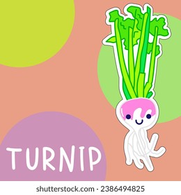 Cartoon cute kawaii turnip with face. Funny vector illustration of happy vegetable. Childish style design for positive poster, t-shirt, card, wall print, book