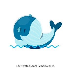 Cartoon cute kawaii whale character. Isolated vector charming sea animal blissfully reclines on gentle waves, wearing contented expression. Its adorable features evoke a sense of relaxation and whimsy