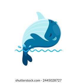 Caricatura lindo personaje de ballena kawaii. Divertido animal marino, linda ballena o oceanario mascota de Vector infantil o personaje. La fauna del océano aislado personaje alegre saltando fuera del agua