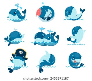 Cartoon cute kawaii whale characters. Funny sea water animals vector personages set of blue and humpback whales with happy smiles splashing water spouts through blowholes, swimming and jumping