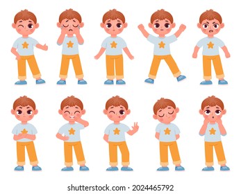 Caricatura sobre expresiones y emociones de personajes de niños lindos. Reír, sonreír, llorar y sorprender a los niños pequeños. Enfadado, triste, feliz chico pose vector set. La emoción del niño feliz y risible, ilustración facial expresiva