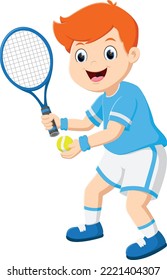 Cartoon Cute kids boy playing tennis