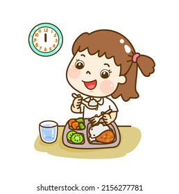 Cartoon cute kids eating food.