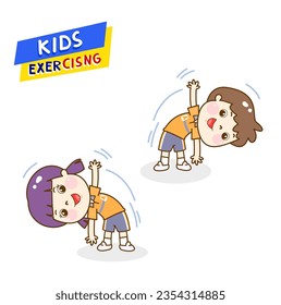 Cartoon cute kids exercising character.