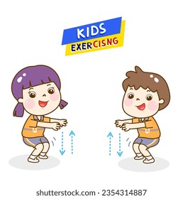 Cartoon cute kids exercising character.