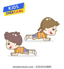 Cartoon cute kids exercising character.