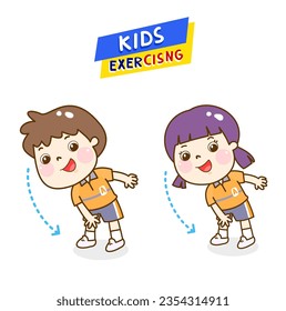 Cartoon cute kids exercising character.