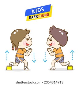 Cartoon cute kids exercising character.