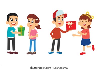 cartoon cute kids give gifts to each other. boy gives a beautiful box to his girlfriend. vector illustration isolated on white background