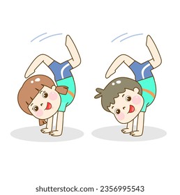  Cartoon cute kids in gymnastics character.