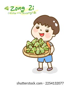 cartoon cute kids has zongzi sticky rice dumpling.