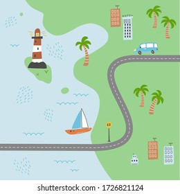 Cartoon cute kids map with car, road, city landscape elements. Cars, building, road of hand drawn, children toy style. Vector illustration.