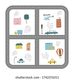 Cartoon cute kids map with car, road, city landscape elements. Cars, building, road of hand drawn, children toy style. Vector illustration.