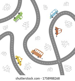 Cartoon cute kids map with car, road, city landscape elements. Cars, building, road of hand drawn, children toy style. Vector illustration.