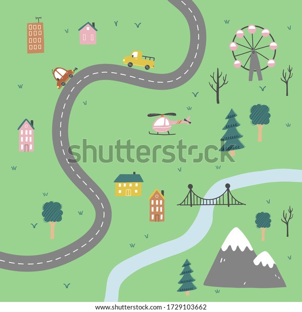 Cartoon cute kids map with car, road, city\
landscape elements. Cars, building, road of hand drawn, children\
toy style. Vector\
illustration.