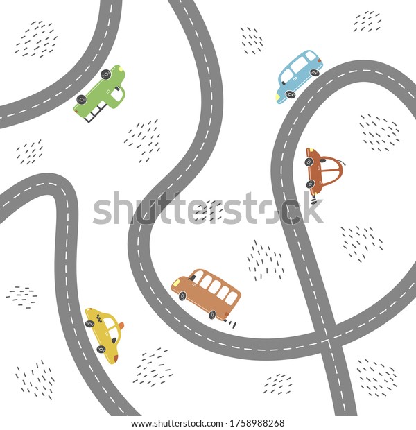 Cartoon cute kids map with car, road, city\
landscape elements. Cars, building, road of hand drawn, children\
toy style. Vector\
illustration.
