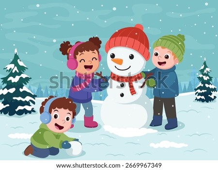 Cartoon cute kids playing outside on winter scene